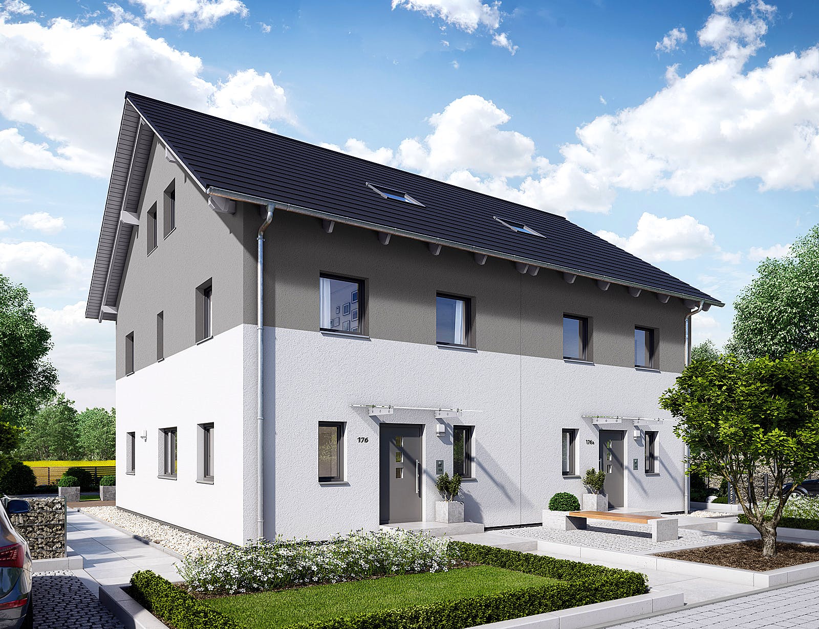 Fertighaus Doppelhaus 176 von Hanse Haus Schlüsselfertig ab 437267€, Satteldach-Klassiker Außenansicht 1