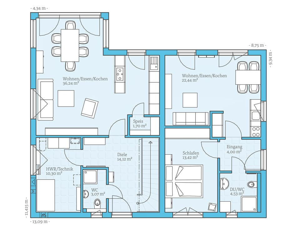 Fertighaus Duo 210 von Hanse Haus Schlüsselfertig ab 521130€, Satteldach-Klassiker Grundriss 1