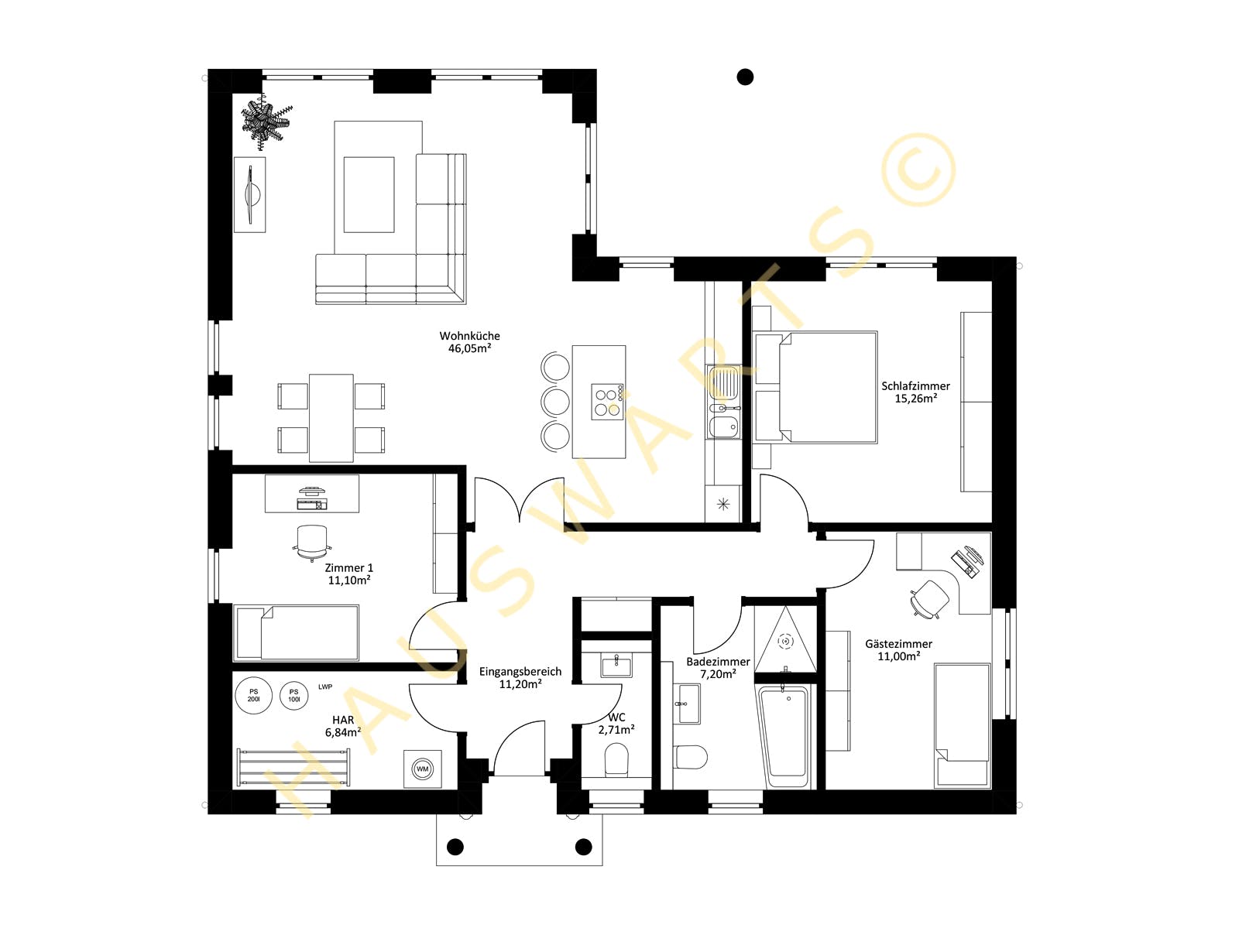 Massivhaus Bungalow Stralsund von Hauswärts Consulting Schlüsselfertig ab 250000€, Bungalow Grundriss 1