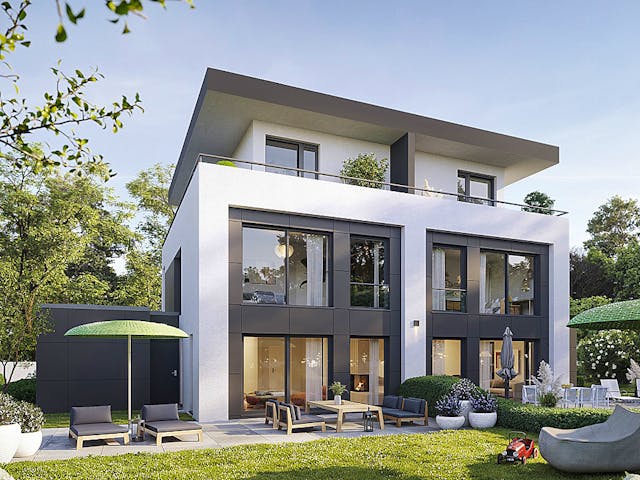 Massivhaus Lifestyle Doppelhaushälfte 158.1 von Haus der Handwerker, Cubushaus Außenansicht 1