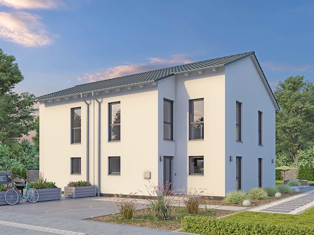 Massivhaus DHH Stadtvilla 110 von hebelHAUS, Satteldach-Klassiker Außenansicht 1