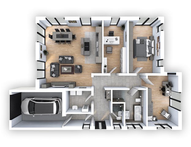 Grundriss für einen Bungalow mit integrierter Garage