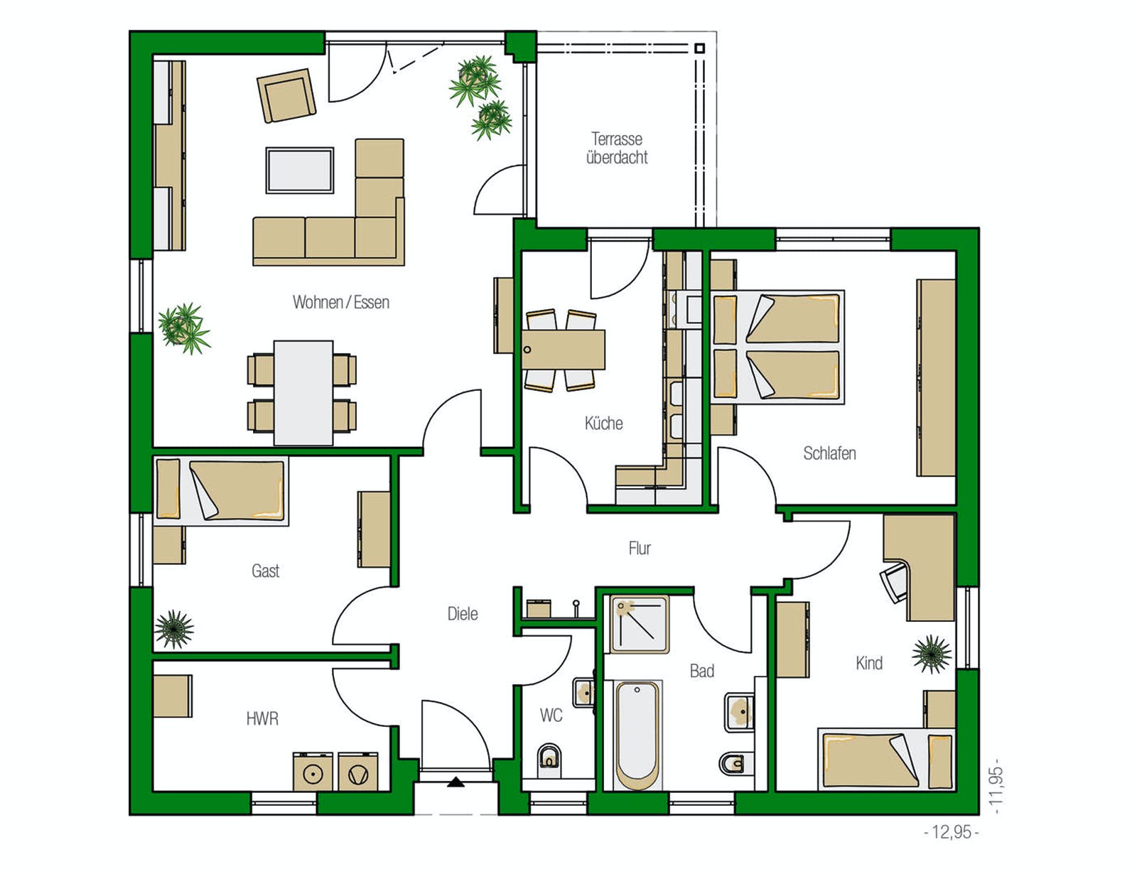 Massivhaus Freiburg von HELMA MASSIVHAUS Schlüsselfertig ab 311700€, Bungalow Grundriss 1