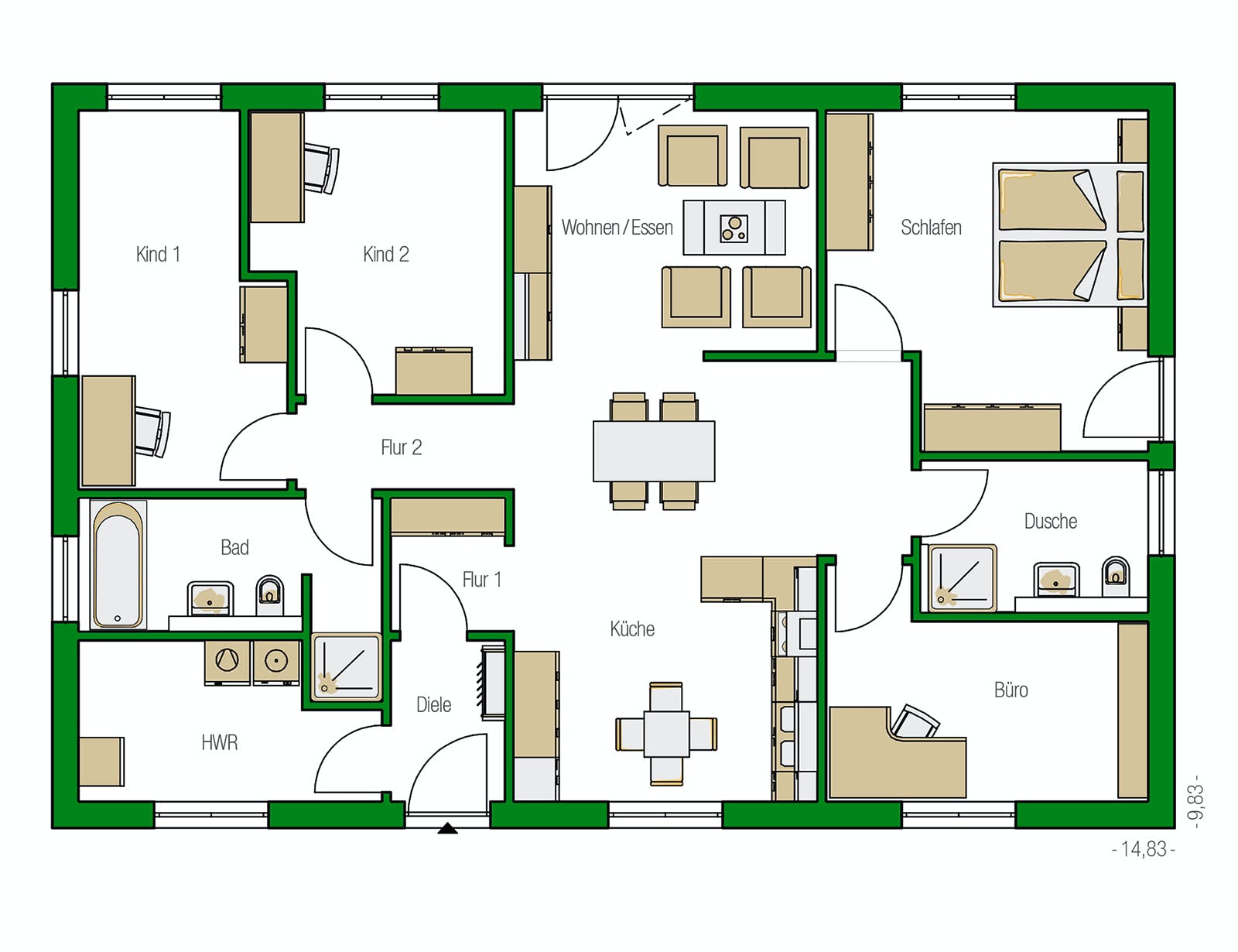 Massivhaus Kolding von HELMA MASSIVHAUS Schlüsselfertig ab 321950€, Bungalow Grundriss 1