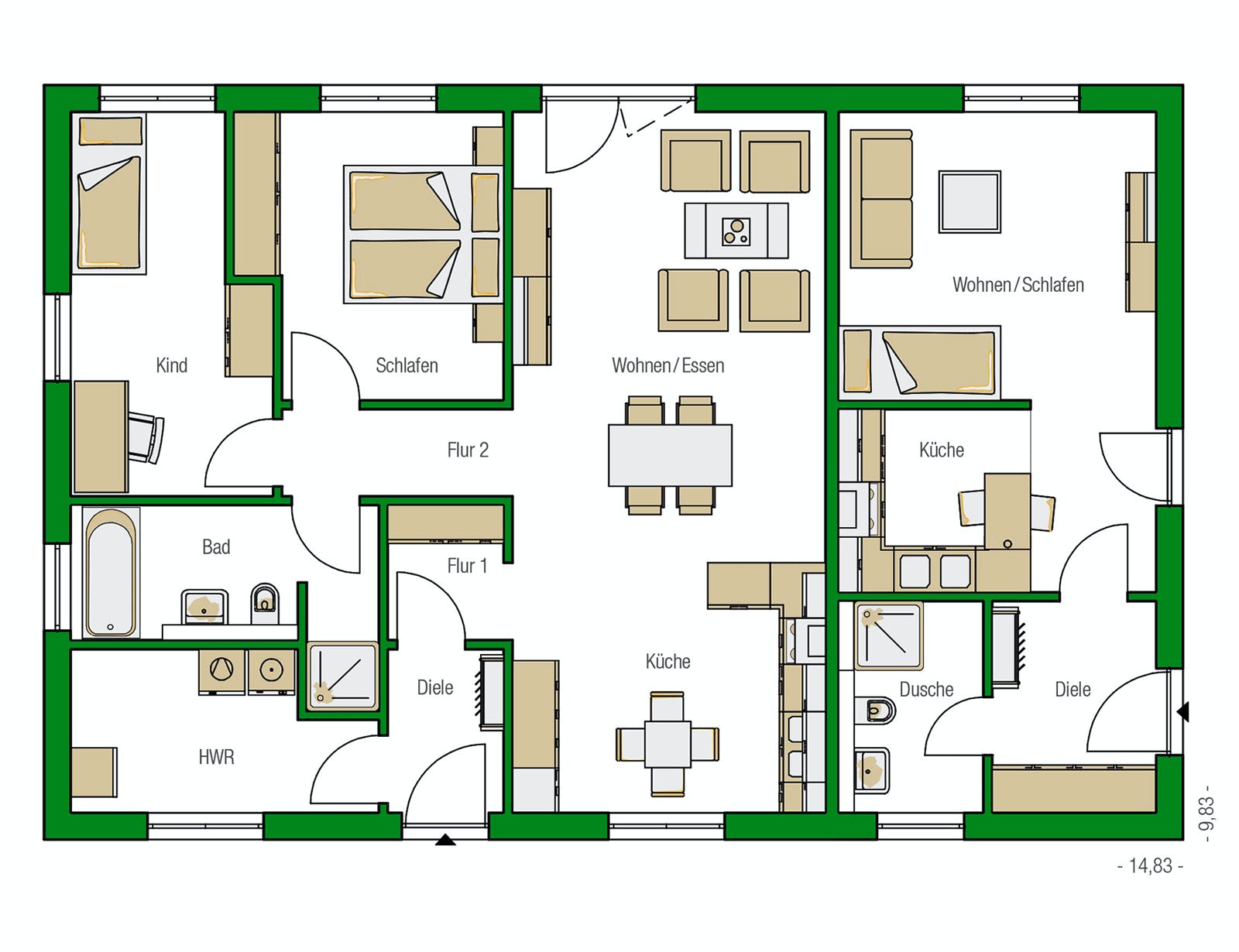 Massivhaus Kolding mit ELW von HELMA MASSIVHAUS Schlüsselfertig ab 296700€, Bungalow Grundriss 1