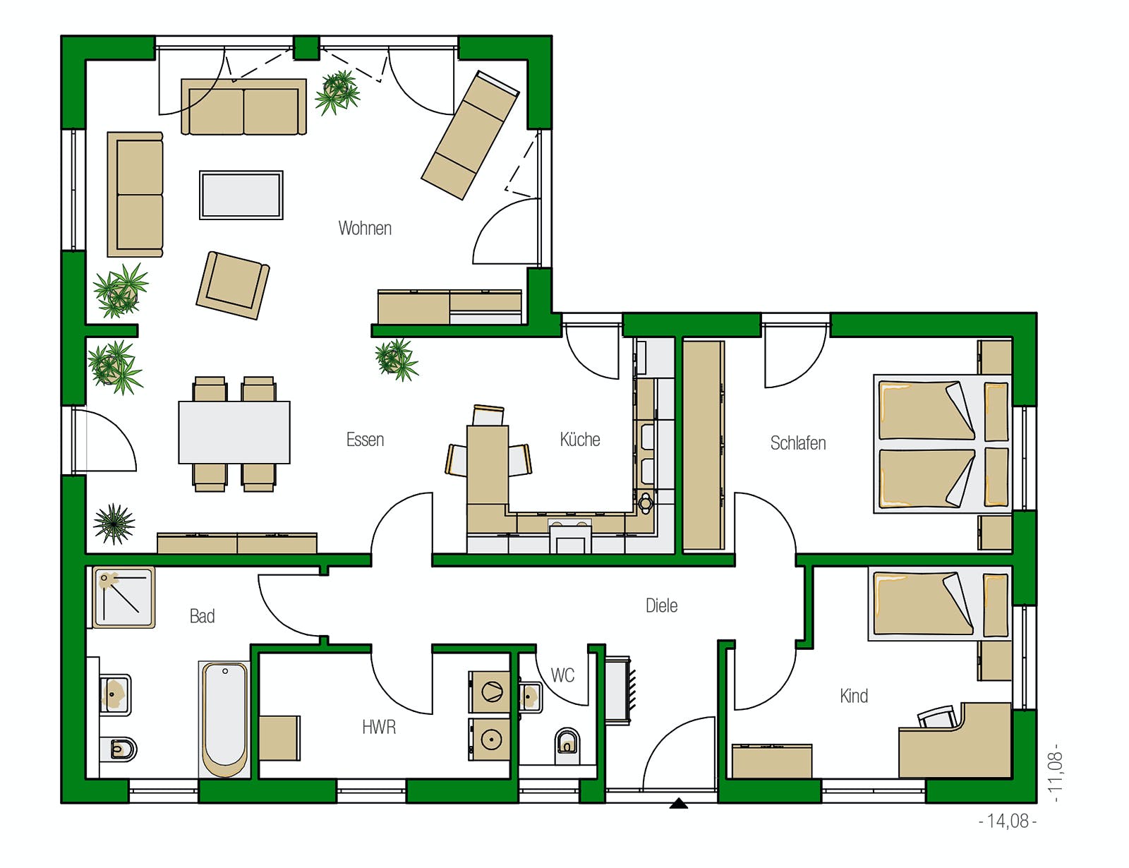 Massivhaus Kopenhagen von HELMA MASSIVHAUS Schlüsselfertig ab 328400€, Bungalow Grundriss 1