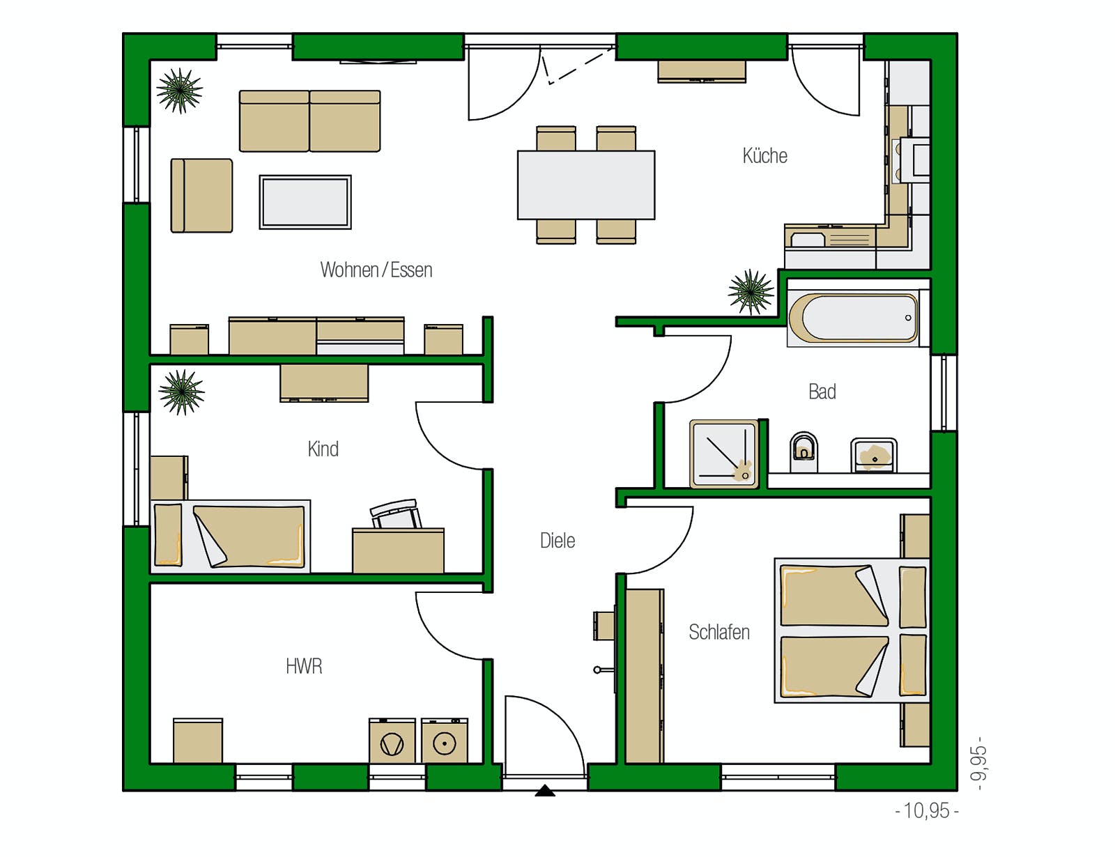 Massivhaus Lille von HELMA MASSIVHAUS Schlüsselfertig ab 257350€, Bungalow Grundriss 1