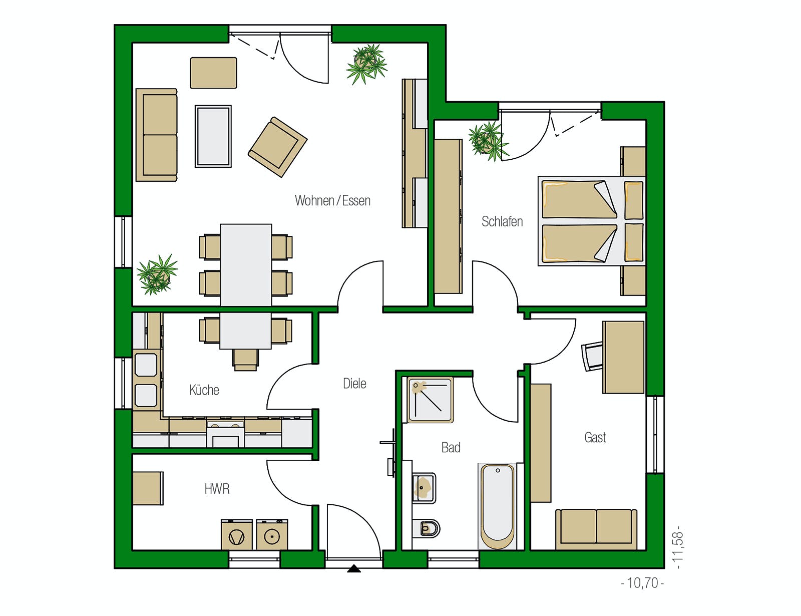 Massivhaus Rostock von HELMA MASSIVHAUS Schlüsselfertig ab 256250€, Bungalow Grundriss 1
