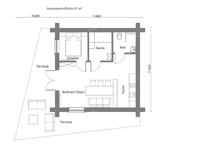 Blockhaus Blockhaus Ostsee von Holzbau Rustikal - Blockhäuser Bausatzhaus ab 73756€, Pultdachhaus Grundriss 1