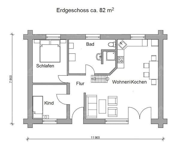 Blockhaus Blockhaus Zossen von Holzbau Rustikal - Blockhäuser Bausatzhaus ab 121600€, Blockhaus Grundriss 1