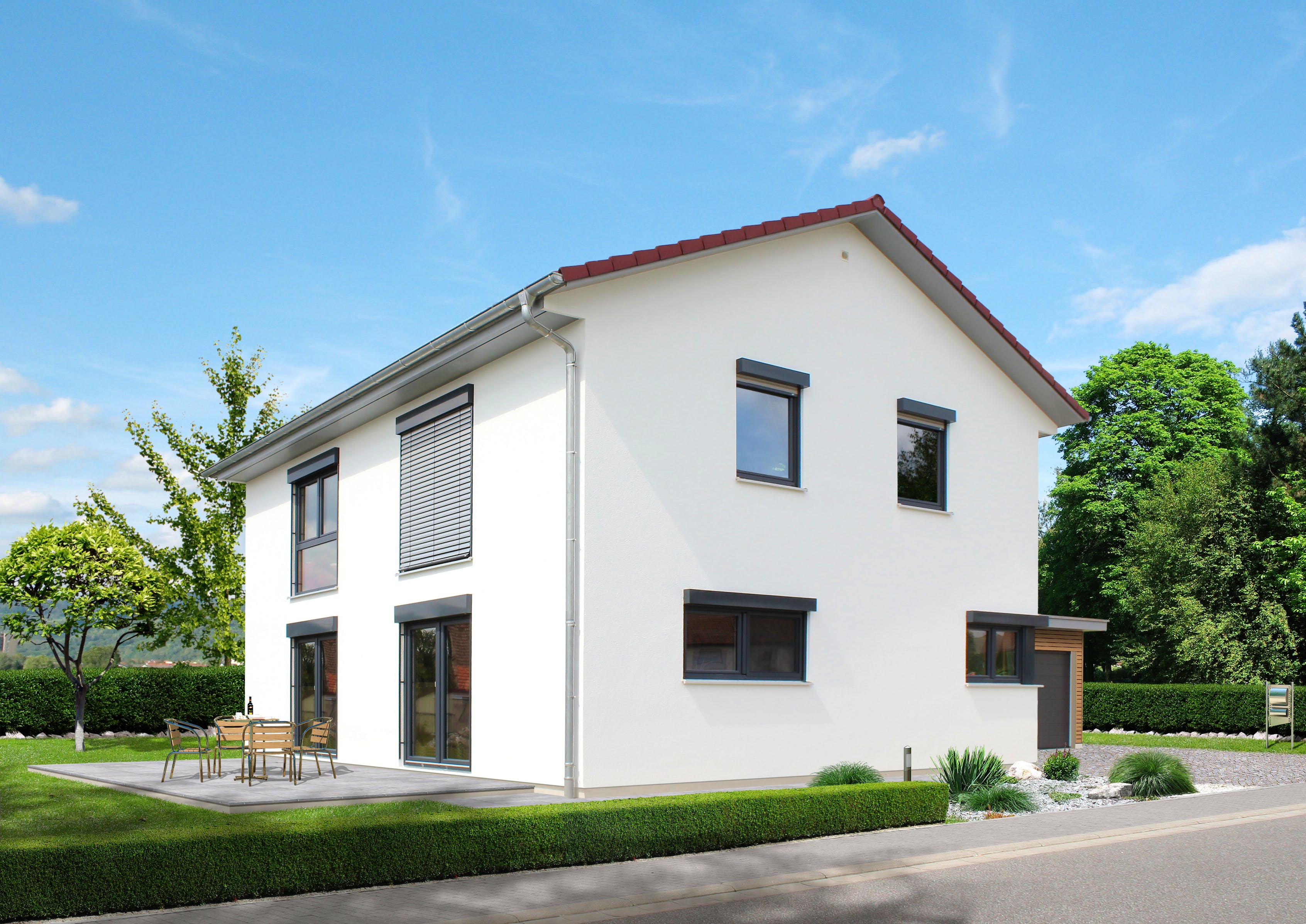Fertighaus Homestory 203 von Lehner Haus Schlüsselfertig ab 305435€, Satteldach-Klassiker Außenansicht 2