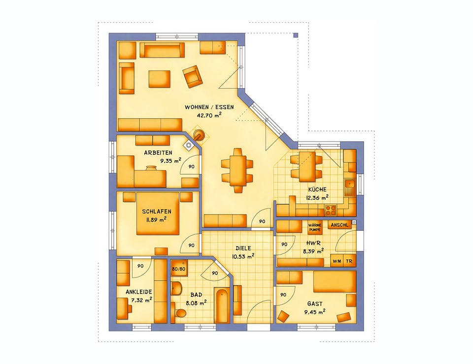Massivhaus VarioCorner 120 von HSE Massivhaus Schlüsselfertig ab 248640€, Bungalow Grundriss 1