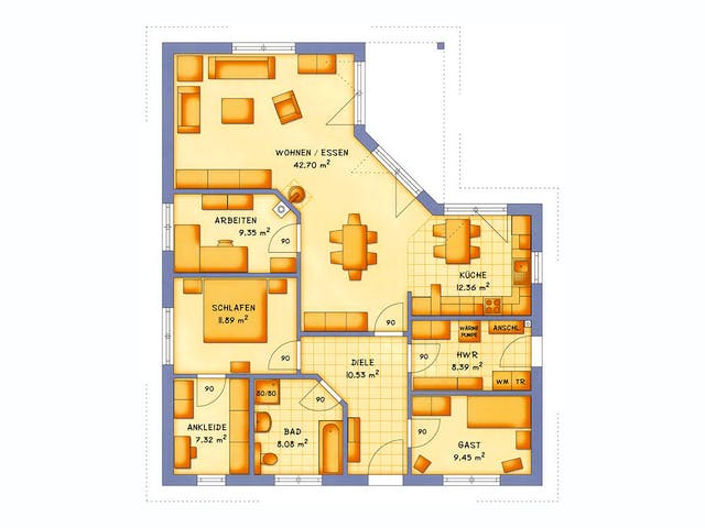 Massivhaus VarioCorner 120 von HSE Massivhaus Schlüsselfertig ab 248640€, Bungalow Grundriss 1