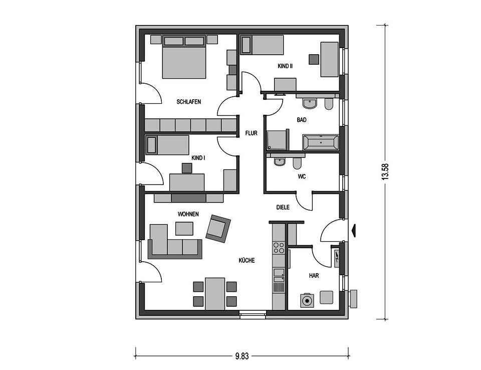 Massivhaus IDEAL 2760 von HVO Massivhaus Schlüsselfertig ab 286600€, Bungalow Grundriss 1