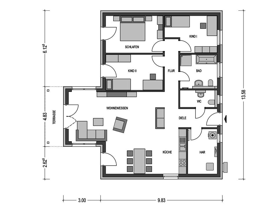 Massivhaus IDEAL 2980 von HVO Massivhaus Schlüsselfertig ab 317900€, Bungalow Grundriss 1