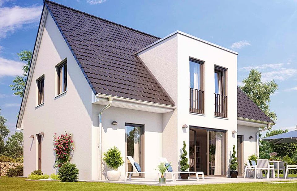Massivhaus KLASSIK 2610 von HVO Massivhaus Schlüsselfertig ab 342300€, Satteldach-Klassiker Außenansicht 1