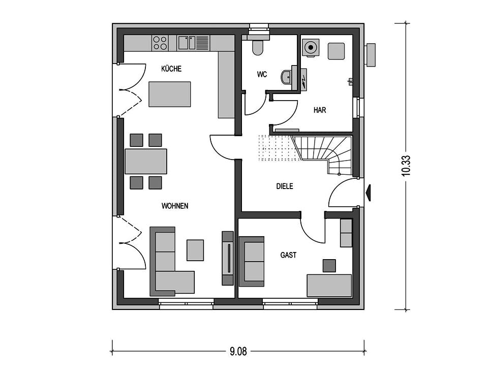 Massivhaus KLASSIK 2610 von HVO Massivhaus Schlüsselfertig ab 342300€, Satteldach-Klassiker Grundriss 1