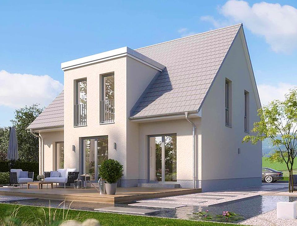 Massivhaus KLASSIK 2710 von HVO Massivhaus Schlüsselfertig ab 383600€, Satteldach-Klassiker Außenansicht 1