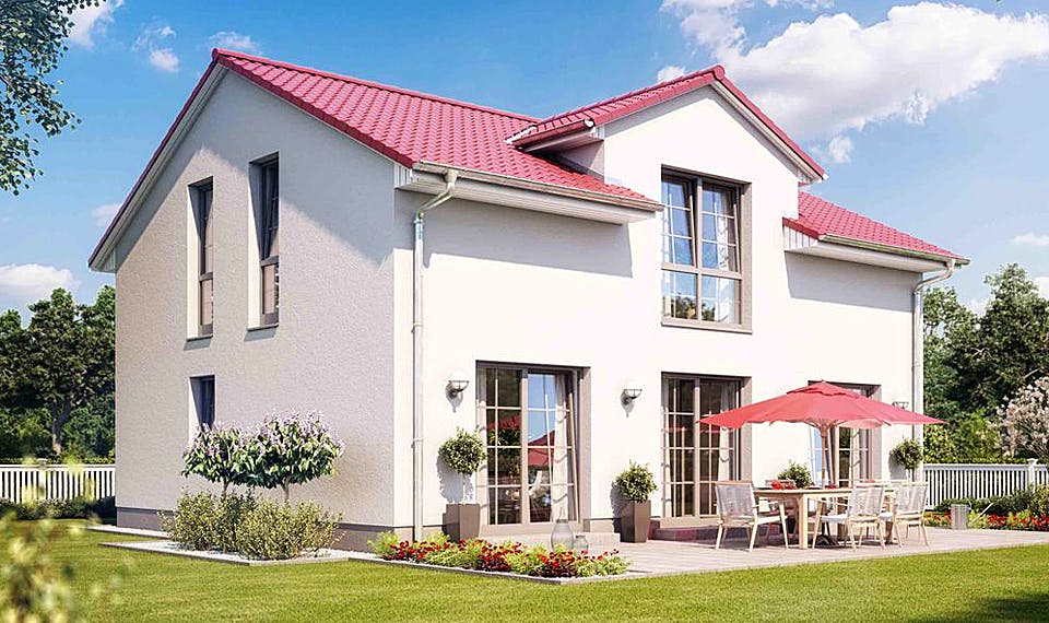 Massivhaus VARIANT 2620 von HVO Massivhaus Schlüsselfertig ab 375200€, Satteldach-Klassiker Außenansicht 1