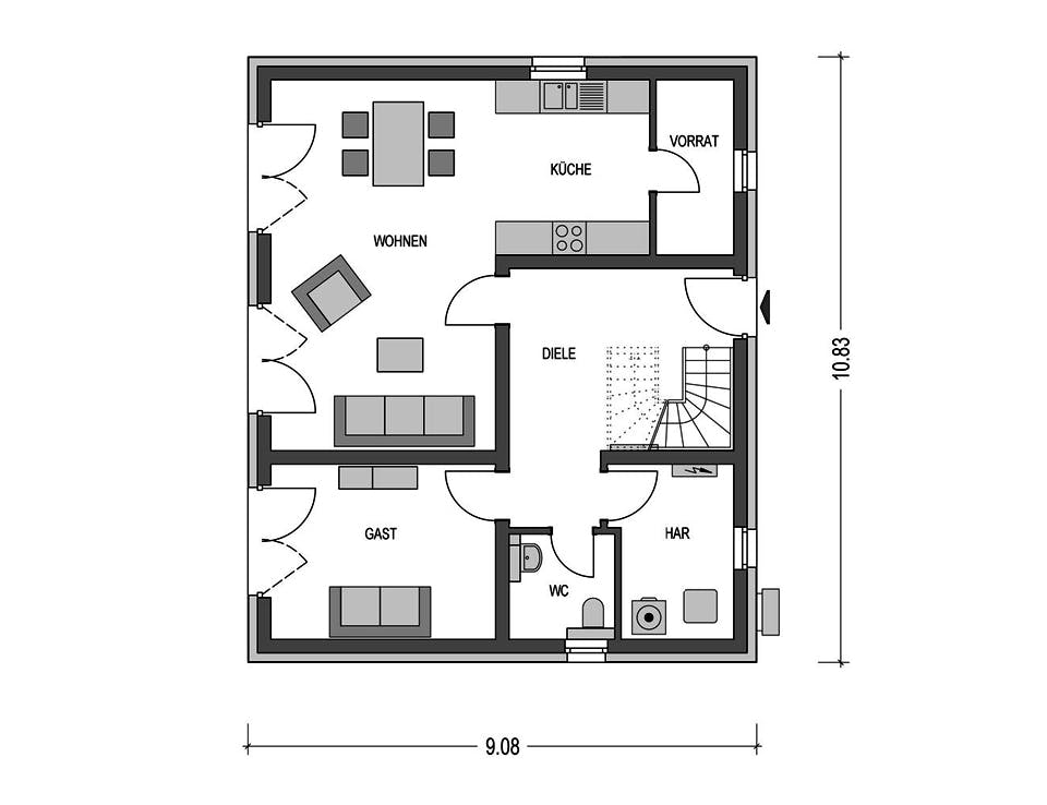 Massivhaus VARIANT 2620 von HVO Massivhaus Schlüsselfertig ab 375200€, Satteldach-Klassiker Grundriss 1