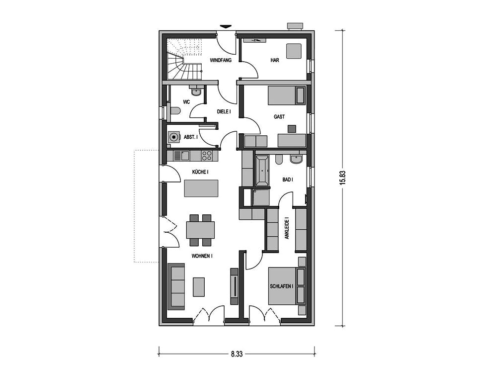 Massivhaus ZWEIFAMILIENHAUS 2491 von HVO Massivhaus Schlüsselfertig ab 545800€, Satteldach-Klassiker Grundriss 1