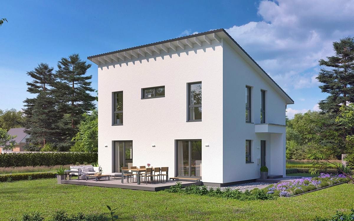 Fertighaus LifeStyle 14.04 P von massa haus Ausbauhaus ab 147999€, Pultdachhaus Außenansicht 1