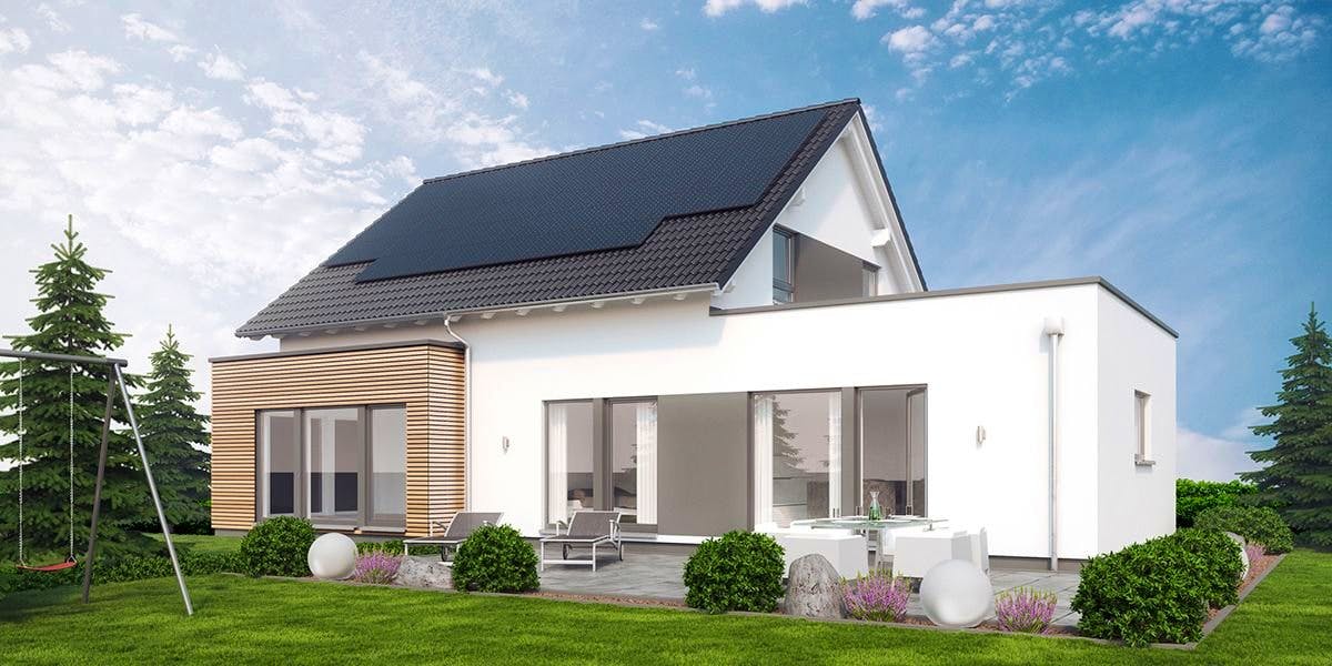 Fertighaus SOLUTION 183 V3 von Living Fertighaus Schlüsselfertig ab 478310€, Satteldach-Klassiker Außenansicht 1