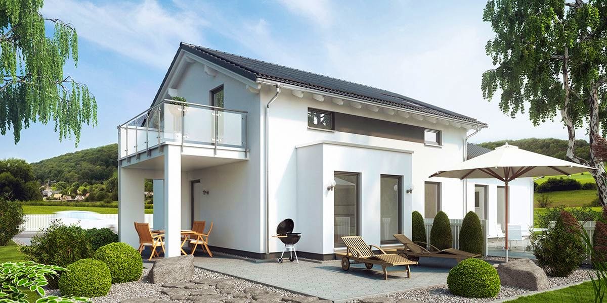 Fertighaus SOLUTION 183 V4 von Living Fertighaus Schlüsselfertig ab 476197€, Satteldach-Klassiker Außenansicht 1