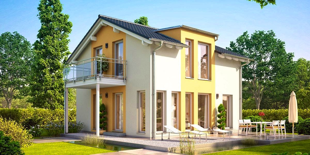 Fertighaus SUNSHINE 113 V4 von Living Fertighaus Schlüsselfertig ab 296744€, Satteldach-Klassiker Außenansicht 1