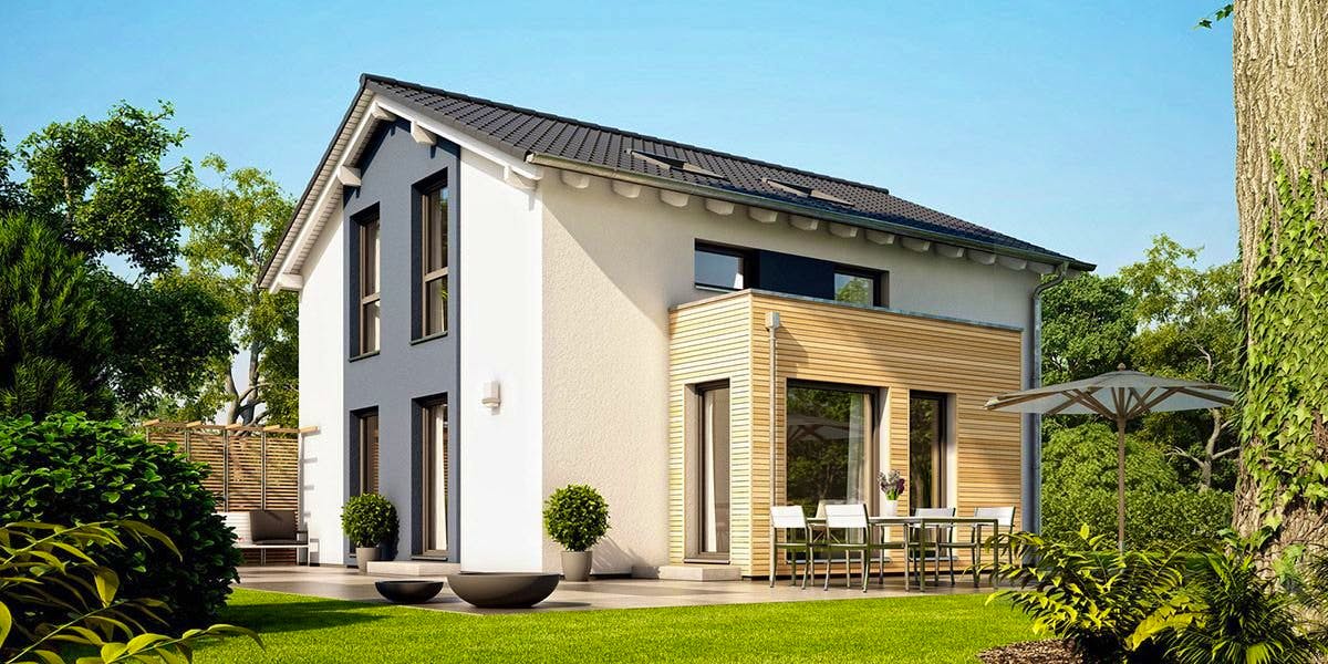 Fertighaus SUNSHINE 113 V5 von Living Fertighaus Schlüsselfertig ab 296744€, Satteldach-Klassiker Außenansicht 1