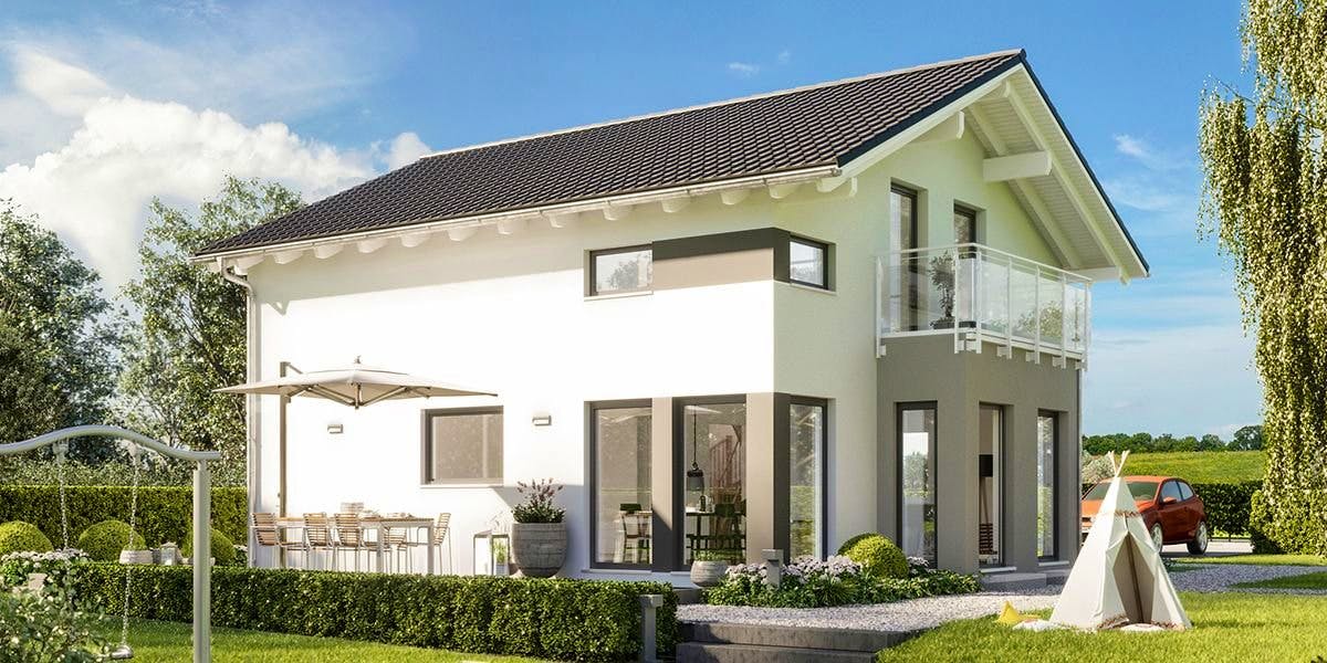 Fertighaus SUNSHINE 136 V4 von Living Fertighaus Schlüsselfertig ab 316704€, Satteldach-Klassiker Außenansicht 1