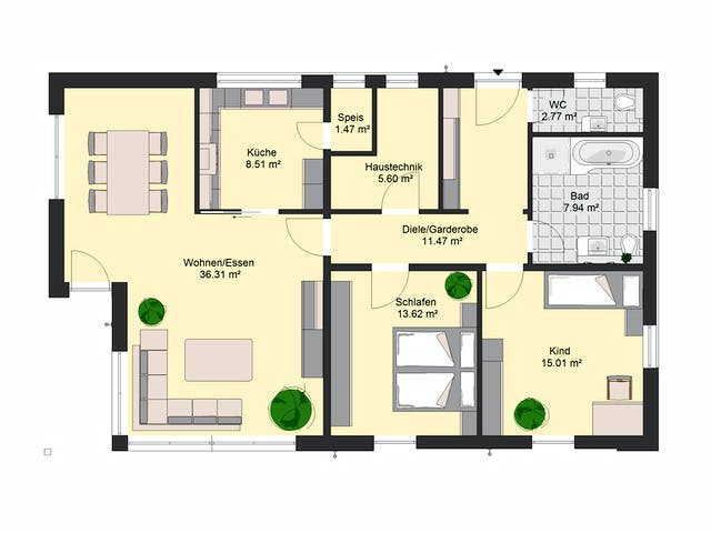 Massivhaus Avantgarde 125 von invivo haus Schlüsselfertig ab 407170€, Bungalow Grundriss 1