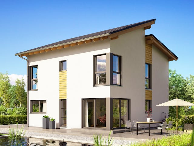 Fertighaus Jakomo von Büdenbender Hausbau Schlüsselfertig ab 479350€, Pultdachhaus Außenansicht 1