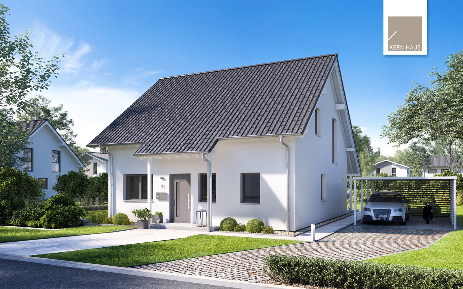 Massivhaus Familienhaus Jano von Kern-Haus Schlüsselfertig ab 325900€, Satteldach-Klassiker Außenansicht 1