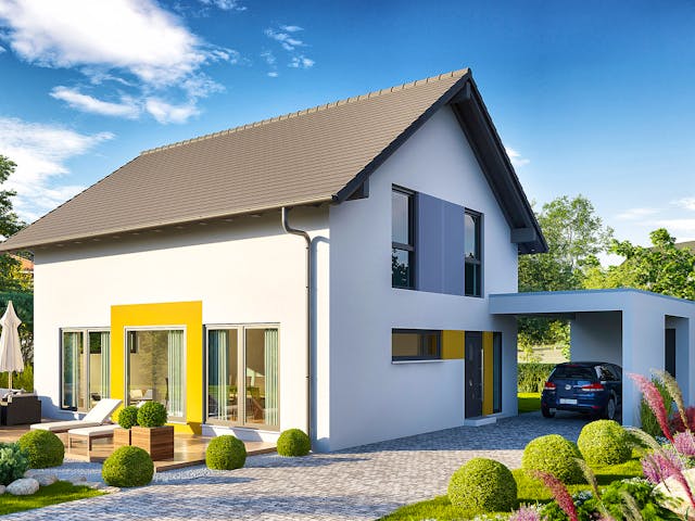 Fertighaus Jedermann Akzent von Büdenbender Hausbau, Satteldach-Klassiker Außenansicht 1 Fertighaus Jedermann Akzent von Büdenbender Hausbau, Satteldach-Klassiker Außenansicht 1