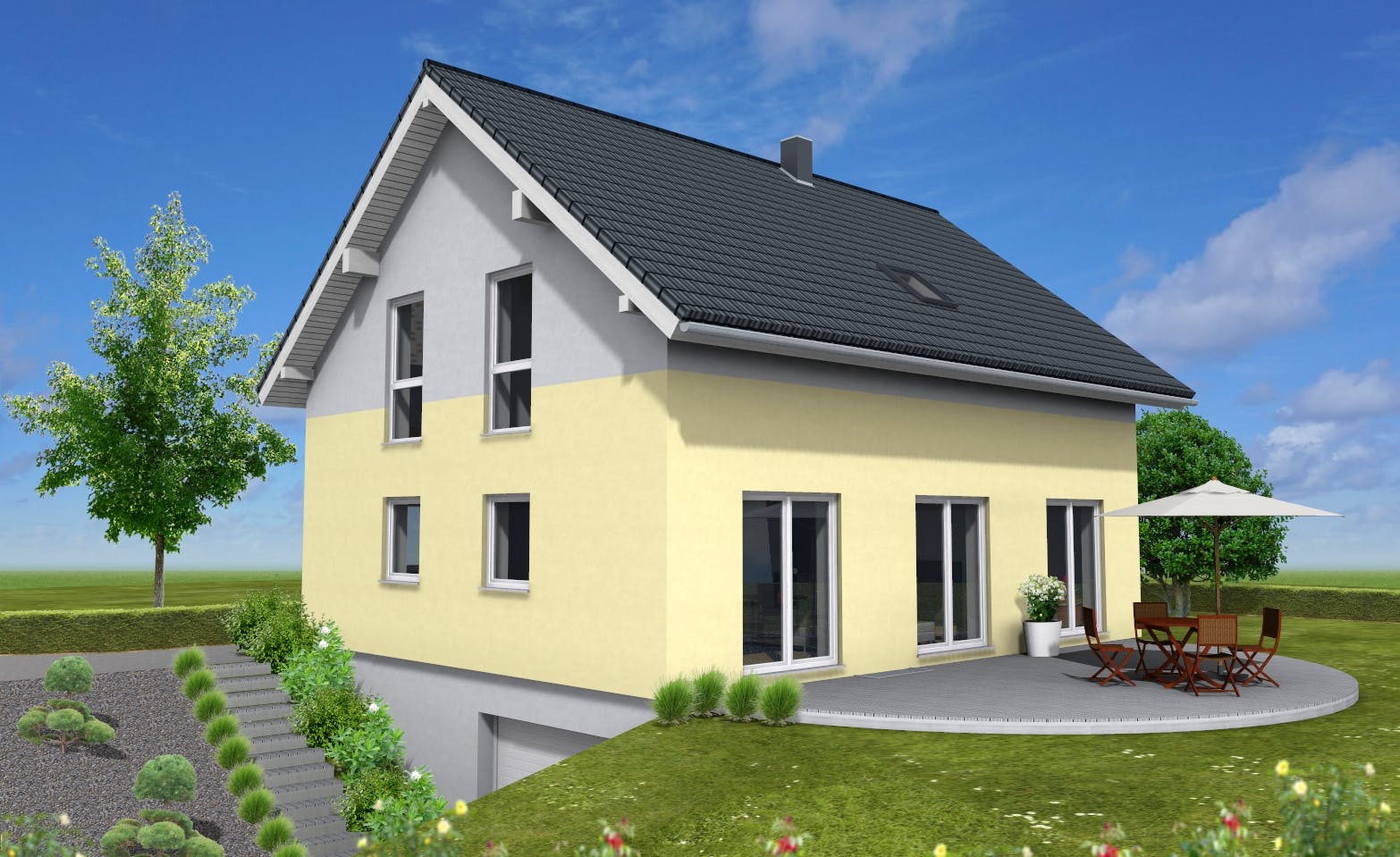 Fertighaus Junge Familie 146 von Suckfüll Energiesparhaus Schlüsselfertig ab 342000€, Satteldach-Klassiker Außenansicht 1