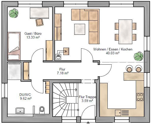Fertighaus Junge Familie 146 von Suckfüll Energiesparhaus Schlüsselfertig ab 342000€, Satteldach-Klassiker Grundriss 1