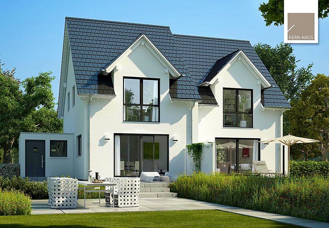 Massivhaus Doppelhaus Twin L von Kern-Haus Schlüsselfertig ab 362900€, Satteldach-Klassiker Außenansicht 1