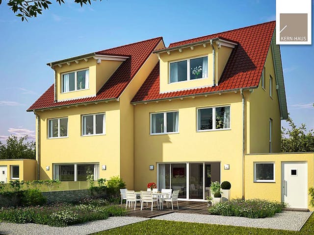 Massivhaus Doppelhaus Twin XL von Kern-Haus Schlüsselfertig ab 414900€, Satteldach-Klassiker Außenansicht 1