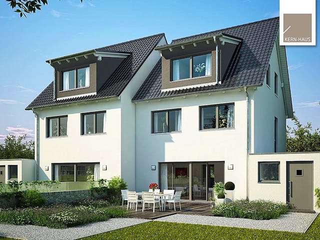 Massivhaus Doppelhaus Twin XXL von Kern-Haus Schlüsselfertig ab 454900€, Satteldach-Klassiker Außenansicht 1