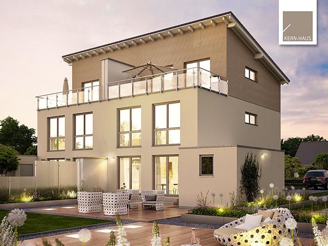 Massivhaus Doppelhaus View von Kern-Haus Schlüsselfertig ab 525900€, Pultdachhaus Außenansicht 1