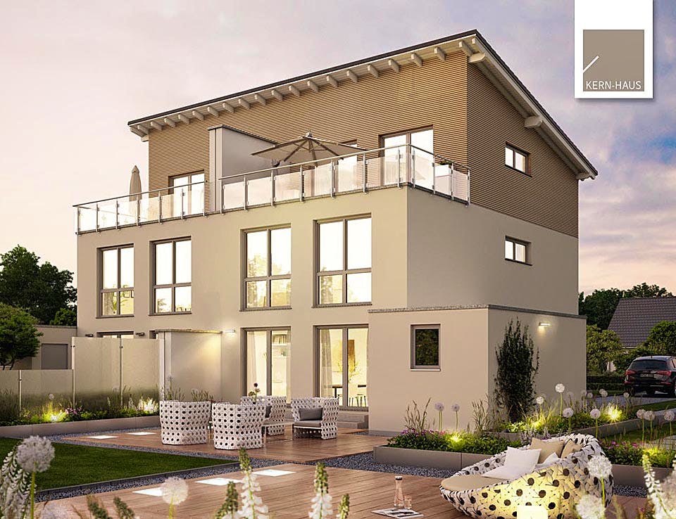 Massivhaus Doppelhaus View von Kern-Haus Schlüsselfertig ab 515900€, Pultdachhaus Außenansicht 1