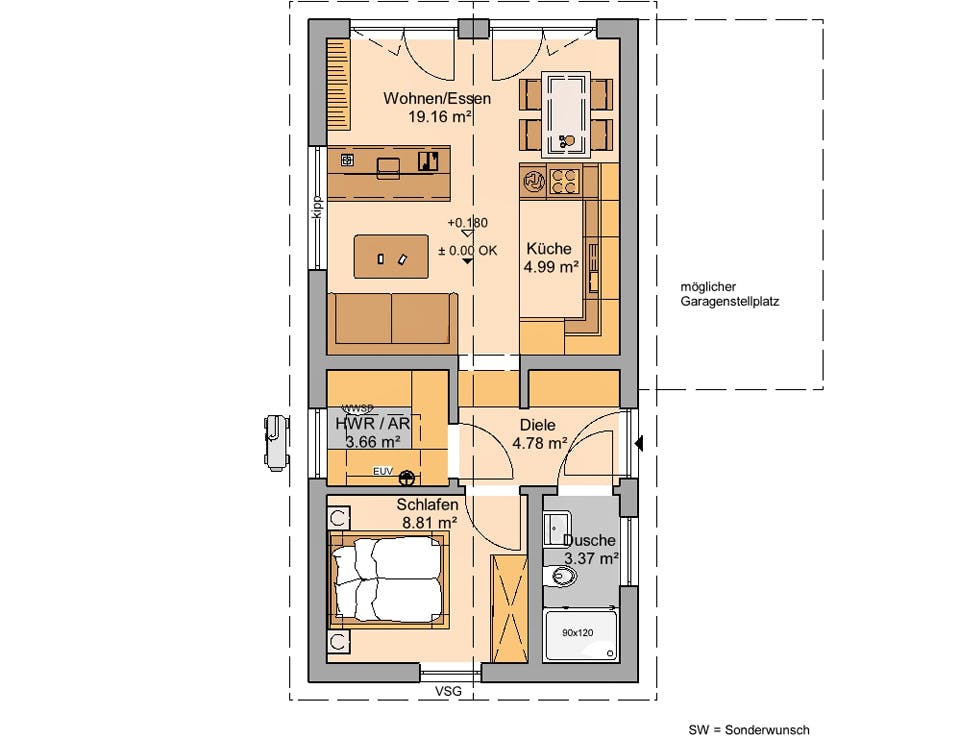 Massivhaus Bungalow Dia von Kern-Haus Schlüsselfertig ab 214900€, Bungalow Grundriss 1