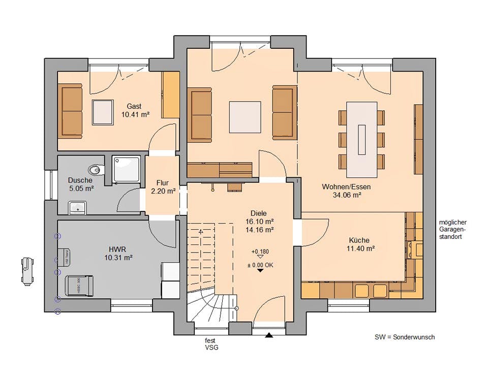 Massivhaus Familienhaus Aura von Kern-Haus Schlüsselfertig ab 418900€, Satteldach-Klassiker Grundriss 1