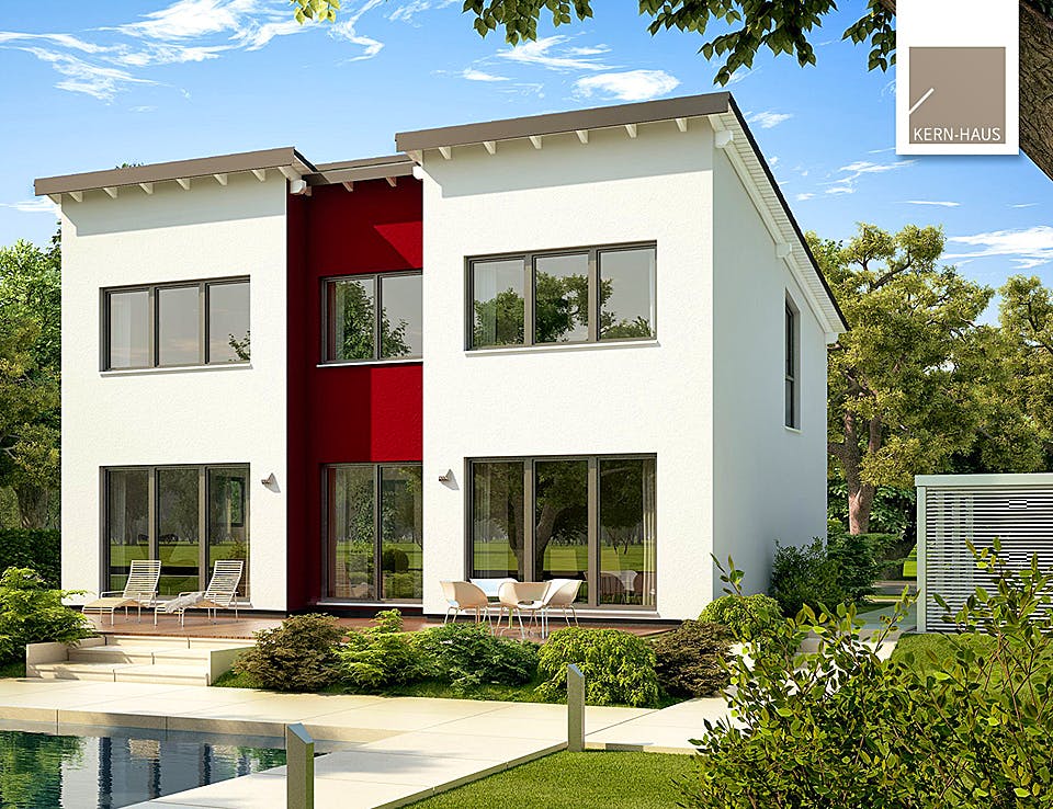 Massivhaus Familienhaus Vio Plus von Kern-Haus Schlüsselfertig ab 386900€, Pultdachhaus Außenansicht 1