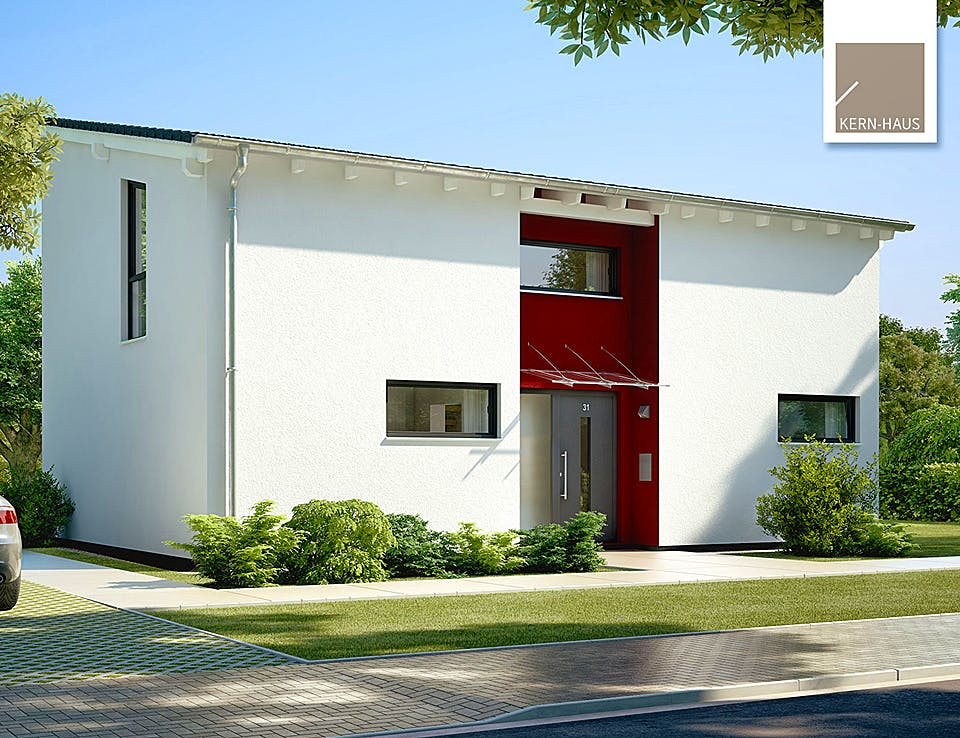 Massivhaus Familienhaus Vio Plus von Kern-Haus Schlüsselfertig ab 386900€, Pultdachhaus Außenansicht 2