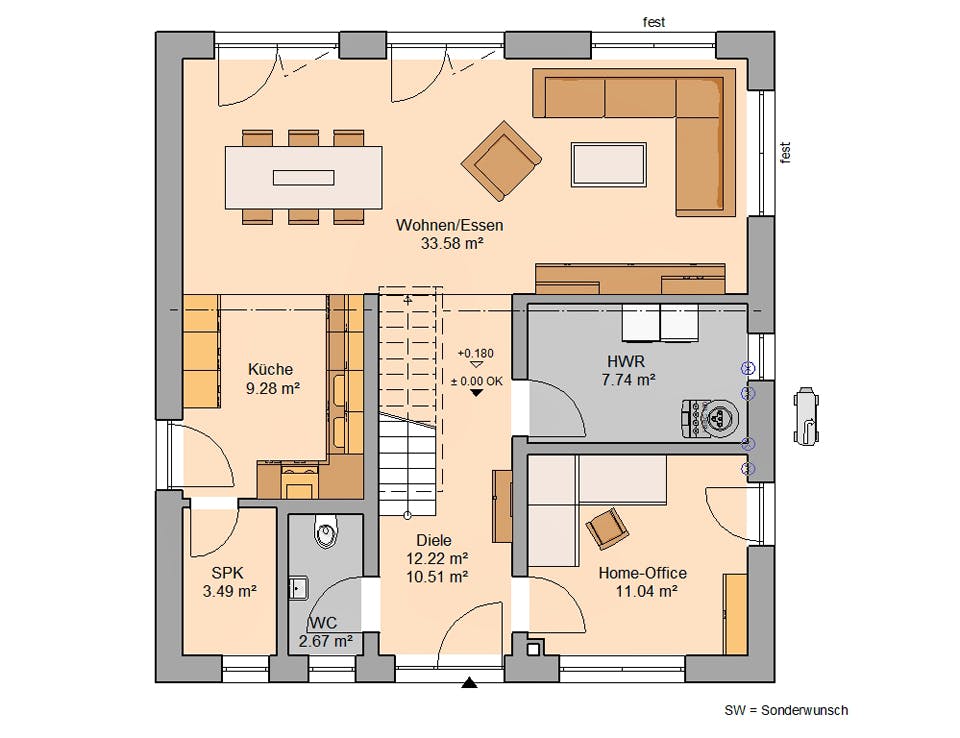 Massivhaus Familienhaus Fida von Kern-Haus Schlüsselfertig ab 392900€, Satteldach-Klassiker Grundriss 1