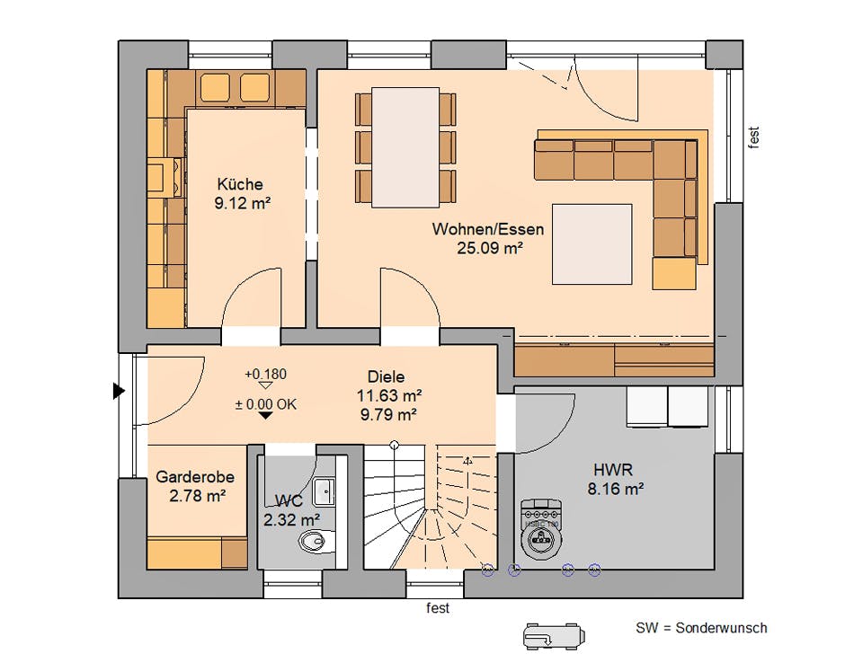 Massivhaus Familienhaus Loop Classic von Kern-Haus Schlüsselfertig ab 285900€, Satteldach-Klassiker Grundriss 1