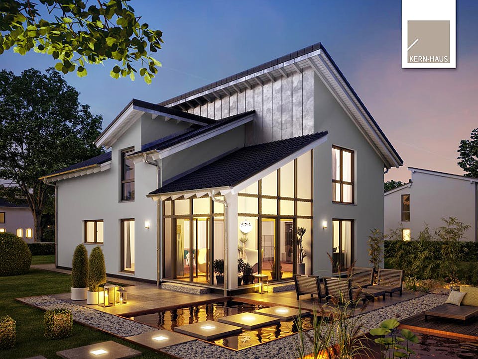 Massivhaus Familienhaus Akzent von Kern-Haus Schlüsselfertig ab 493900€, Pultdachhaus Außenansicht 1