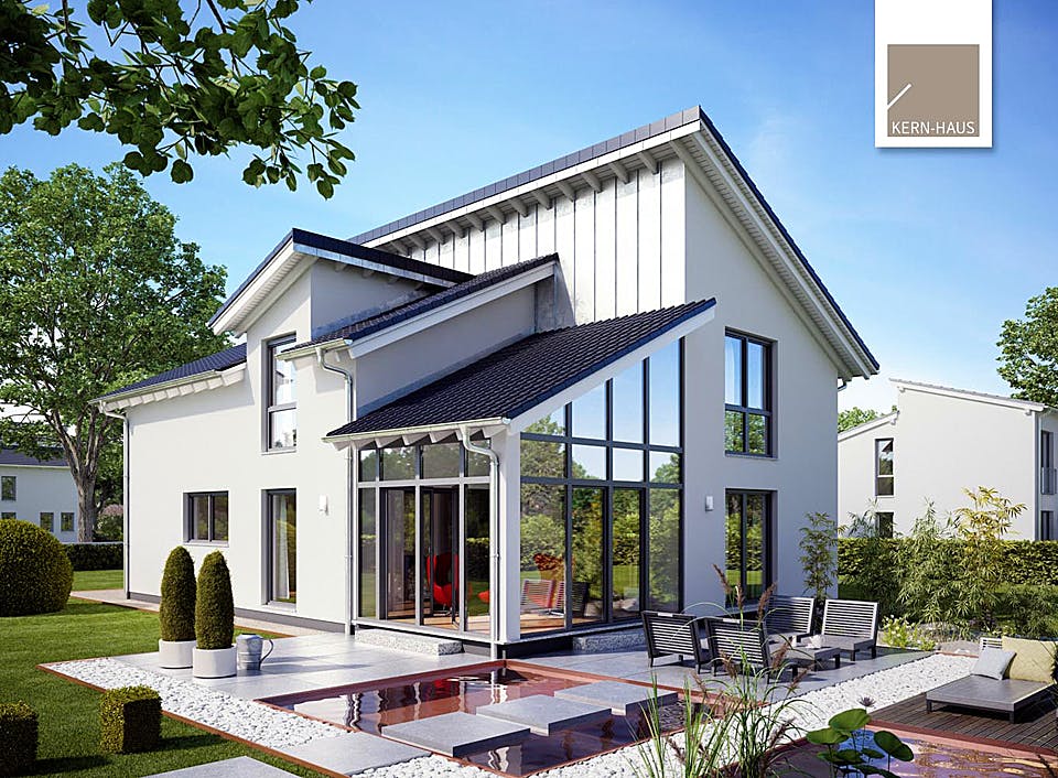 Massivhaus Familienhaus Akzent von Kern-Haus Schlüsselfertig ab 493900€, Pultdachhaus Außenansicht 2